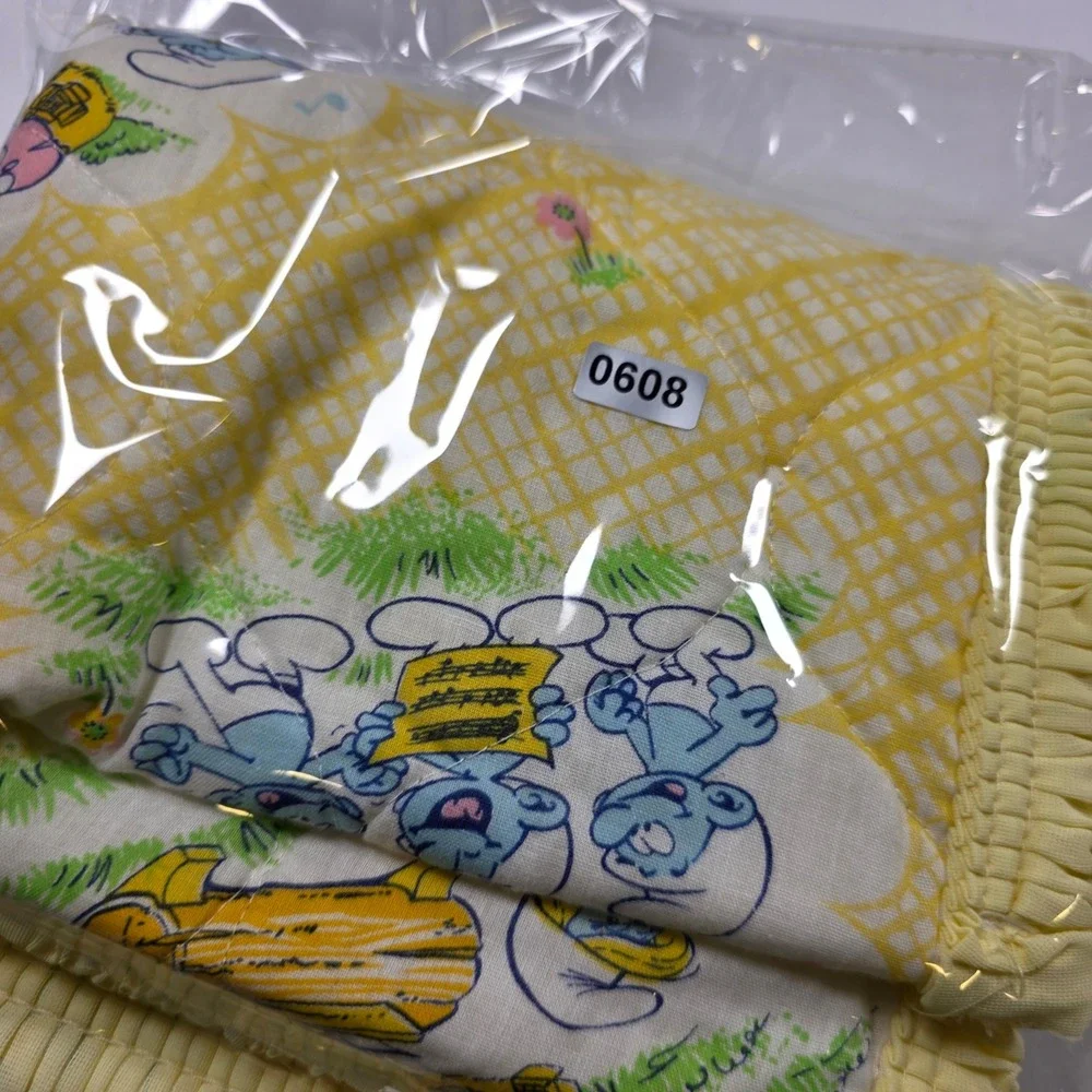 Vintage 1983 Smurfs Quilted Baby Changing Pad Yellow Gingham Dundee 26x15 Pocket
